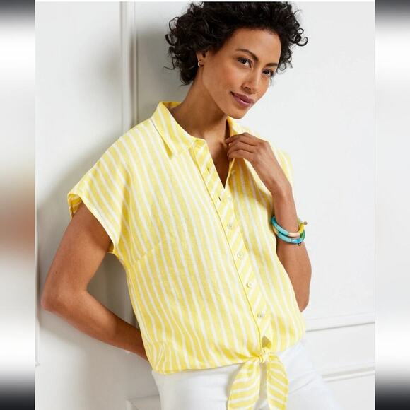 Talbots Yellow Striped Tie Hem Button Front Top Size Medium Petite MP - Picture 3 of 7